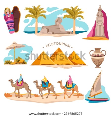 Traveling in Africa and ecotourism, isolated ecotourism and Egypt exploration. Egyptian pyramids and beach, mummy and sphinx landmark, vase and camel riding in the desert. Vector in flat style Royalty-Free Stock Photo #2369865273