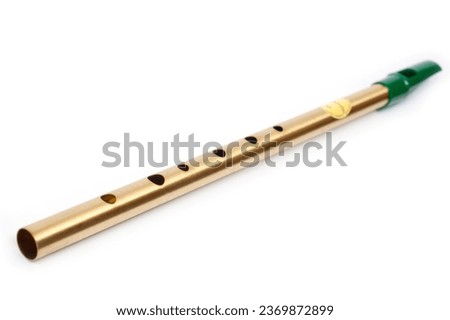 The Irish whistle is a longitudinal flute with a whistle device and six playing holes. Royalty-Free Stock Photo #2369872899