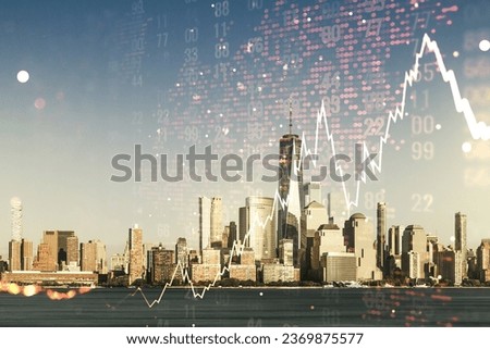 Multi exposure of abstract financial diagram and world map on Manhattan office buildings background, banking and accounting concept
