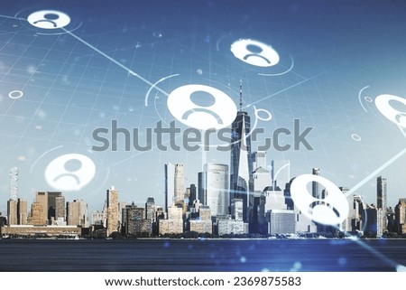 Double exposure of abstract virtual social network icons on New York city skyscrapers background. Marketing and promotion concept