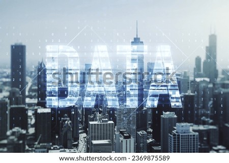 Virtual Data word sign hologram on Chicago skyline background. Multiexposure