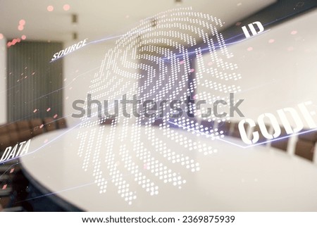 Multi exposure of virtual abstract fingerprint illustration on a modern conference room background, digital access concept