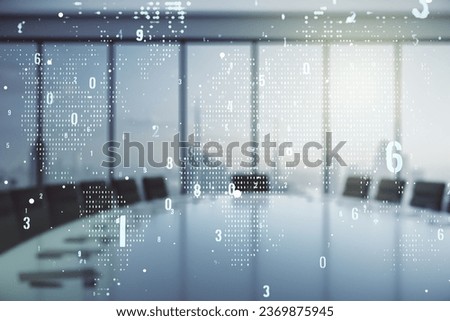 Multi exposure of abstract creative coding sketch and world map on a modern conference room background, artificial intelligence and neural networks concept