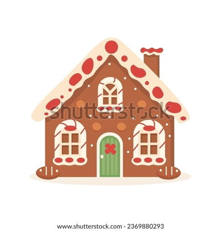 Gingerbread House Winter Cookie with decorative sweet icing candy vector flat illustration design Royalty-Free Stock Photo #2369880293