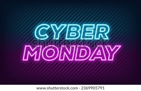 Neon Cyber Monday Sale, banner design. Outline neon italic text Cyber Monday on textured background. Blue purple text template for animation, digital ad, social media banners. Vector illustration Royalty-Free Stock Photo #2369905791