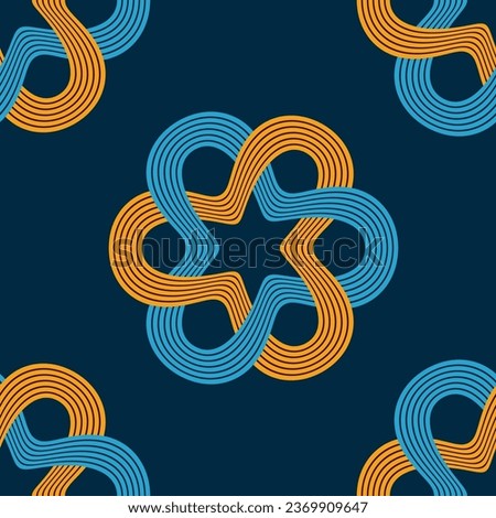 Semless vector pattern with interlacing smooth lines circular ornaments. Decorative design elements. Seamless color background with ethnic motifs. Blue and yellow colors.Vector color background.