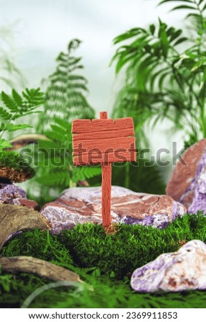 Wooden blank banner with fern and moss. Natural background, copy space.
