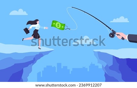 Fishing money chase business concept with businesswoman running after dangling dollar jumps over the cliff. Working hard and always busy in the loop routine flat style design vector illustration.