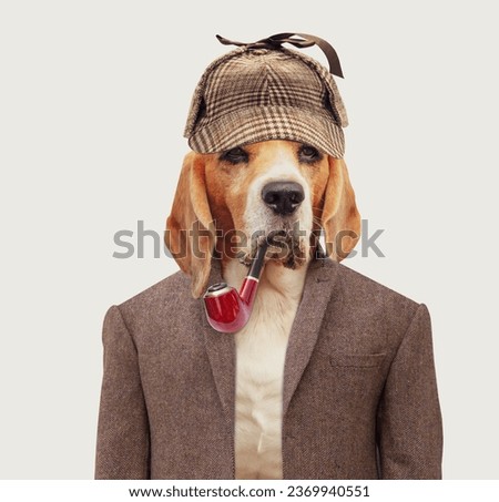 serious dog in sherlock cap smoking a pipe, isolated Royalty-Free Stock Photo #2369940551
