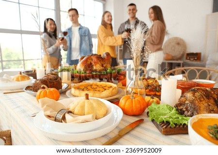 Festive table setting for Thanksgiving Day in room, closeup