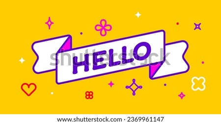 Ribbon and banner Hello. Greeting card with ribbon and word Hello. Trendy barbie style barbiecore ribbon banner for card with text hello on colorful yellow background. Vector Illustration