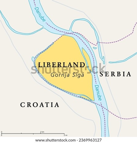Free Republic of Liberland, political map. Unrecognized micronation in Southeast Europe, claiming Gornja Siga, uninhabited parcel of disputed land on western bank of Danube between Croatia and Serbia. Royalty-Free Stock Photo #2369963127