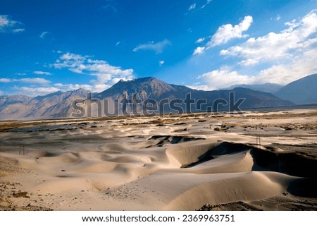 Sand dunes in Nubra valley in Himalayas. Hunder, Nubra valley, Ladakh Royalty-Free Stock Photo #2369963751