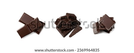 Broken chocolate bar isolated. Milk chocolate square pieces, cubes, small bloks pile, choco segments stack on white background top view Royalty-Free Stock Photo #2369964835