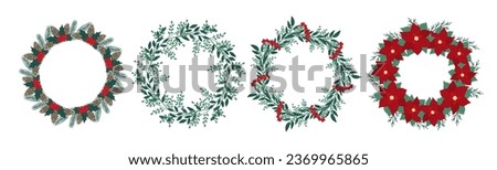 Christmas wreath with poinsettia, leaves, branches, berries, holly, pine cone. Winter floral collection. Vector frame, arrangement. Hand drawn Happy New Year illustration isolated on white background