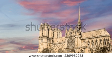 Notre Dame de Paris (against the background of a sky at sunset), also known as Notre Dame Cathedral or simply Notre Dame, is a Gothic, Roman Catholic cathedral of Paris, France