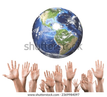 Many hands holding globe planet earth