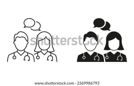 Doctors Consultation with Speech Bubble Line and Silhouette Icon Set. Physicians Speak Healthcare Chat Pictogram. Medic Specialist Conversation Symbol Collection. Isolated Vector Illustration.