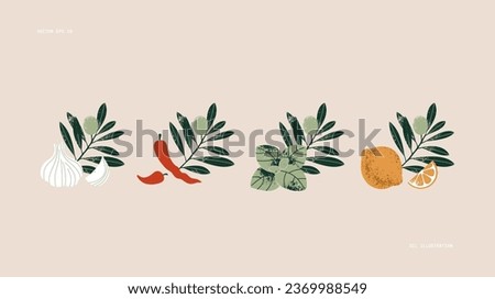 Olive oil design templates. Vintage style. Chili pepper with garlic and basil with lemon. Royalty-Free Stock Photo #2369988549