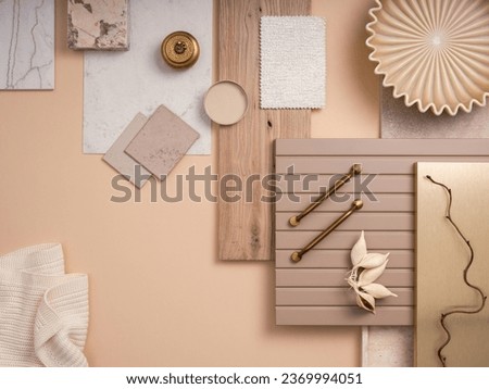 Classic flat lay composition in beige and gray color palette with textile and paint samples, panels and tiles. Architect and interior designer moodboard. Top view. Copy space.