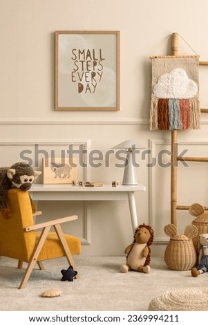 Creative composition of children room interior with mock up poster frame, white desk, yellow armchair, plush toys, pouf, wicker basket, ladder, gray lamp and personal accessories. Home decor. Template