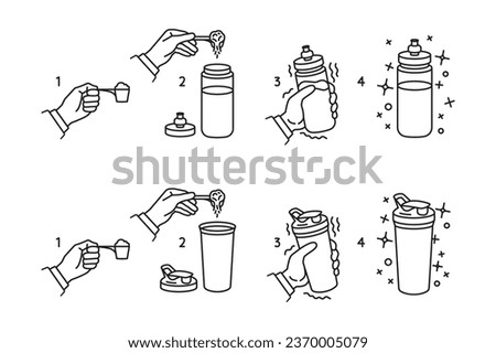 Instruction for making protein whey shake line icons. A hand shaking a sport shaker. A hand shaking a bottle. Protein line icons. Protein shaker vector illustrations. Sports food for bodybuilding. Royalty-Free Stock Photo #2370005079