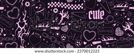 Y2k emo goth seamless banner. Background with old bear and bunny toys, hearts, spikes, tattoo, flame, knife doodles in 2000s style. Black and pink outline glam gothic pattern. Vector design Royalty-Free Stock Photo #2370012223