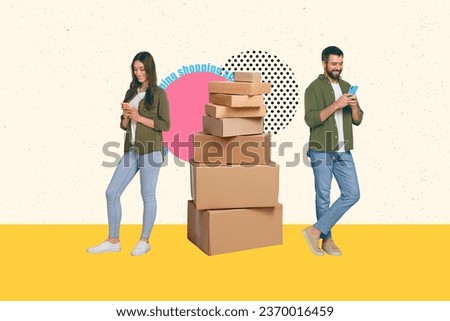 Creative composite photo illustration collage of happy satisfied people tracking packages in smartphone app isolated drawing background
