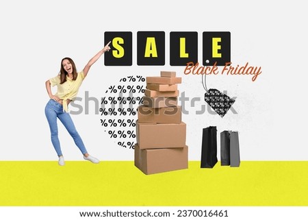Creative composite abstract photo collage of overjoyed funny funky girl directing at sale buy new clothes isolated drawing background