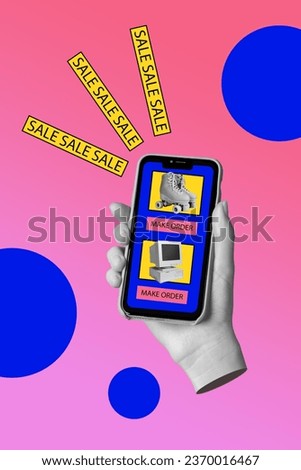 Vertical collage illustration of abstract hand holding new apple iphone touchscreen web store amazon products isolated on pink background