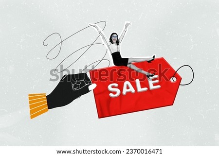 Creative composite artwork photo collage of impressed overjoyed woman sitting on big flying sale price tag isolated painted background
