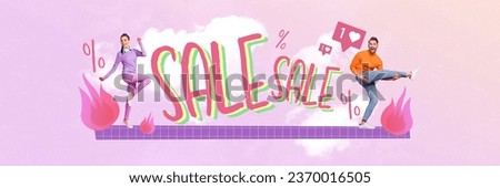 Creative collage of two happy crazy mini people dancing big sale percent special offer like notification clouds isolated on pink background