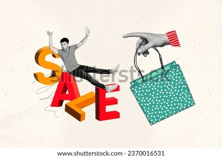 Creative abstract template graphics collage image of funny carefree guy buy clothes on sale isolated beige color background