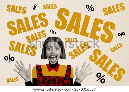 Photo of crazy young abstract girl open mouth shock reaction hands up sales season billboard advertisement isolated on beige background