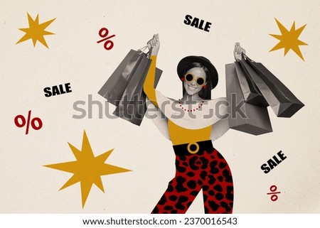 Marketing fashion promo collage billboard funny woman raise hands with bags black friday sale lady sunglasses isolated on beige background