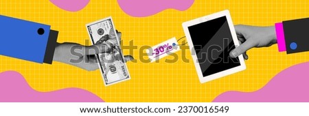 Illustration collage banner of two arms hold modern device buy gadget pay by cash isolated on drawing yellow background