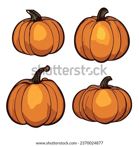 Vector set of four orange pumpkins isolated on white background. Vector illustrations icons.