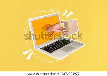 Creative collage image of arm hold shipment carton box through netbook screen hole isolated on painted yellow background