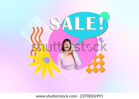 Magazine pop style collage illustration of young lady call someone announce big shoes sale high heels isolated on drawn colorful background