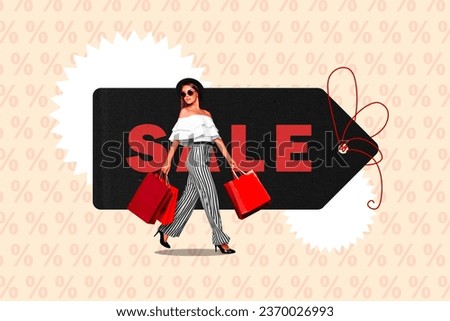 New trend style black white clothes collage of young perfect model glamour walk with packages price tag sale isolated on percent background