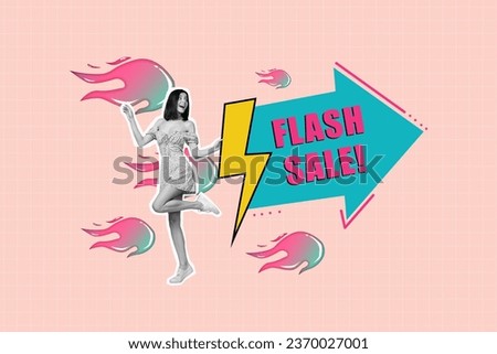Photo cadre composite collage of funky young woman dancing flash sale arrow thunder flying fireball isolated on plaid pink background