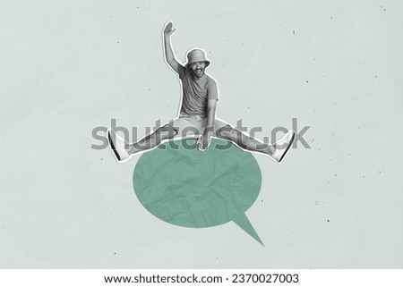 Composite photo illustration collage of funny young guy riding cowboy paper crumpled green speech round cloud isolated on grey background