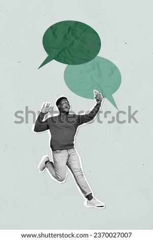 Collage illustration of funny young man jump selfie video recording online dialogue call chatting messenger isolated on grey background