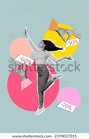 Photo of young carefree female girl she dancing celebrate black friday billboard minus fifty percent price isolated on blue background