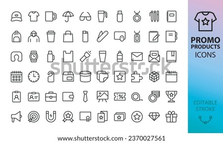 Promotional products isolated icons set. Set of branding cap, t-shirt, cup, planner, calendar, advertising souvenirs, printing materials, promo gifts vector icon with editable stroke Royalty-Free Stock Photo #2370027561
