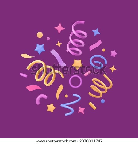 3D party confetti render. Plastic spirals, cartoon stars, circle, paper tapes. Colorful firecracker elements. Vector Illustration for birthday, greeting event, new year banner design. Royalty-Free Stock Photo #2370031747