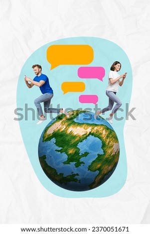 Vertical creative composite photo collage of happy people chatting on smartphones from any place in world isolated on drawing background
