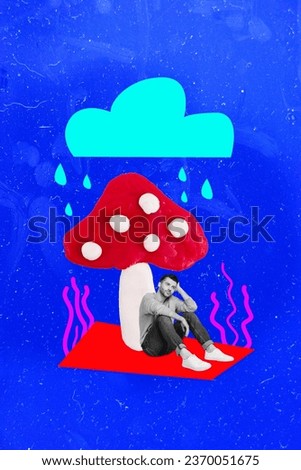 Vertical collage image of mini black white effect guy sit under big plasticine mushroom rainy cloud isolated on blue background