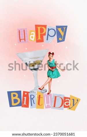 Vertical collage picture of mini elegant girl dancing big martini cocktail glass happy birthday banner isolated on creative background