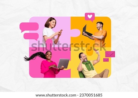 Creative composite photo abstract collage of positive cheerful people communicating online in amazing app isolated on drawing background